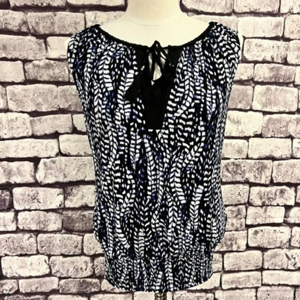 White House Black Market Black Blue & White Sleeveless V-Neck Blouse Size S